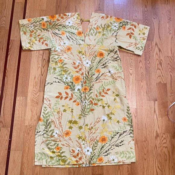 Vintage cotton kaftan kimono-style Japanese floral leaf print - Picture 5 of 7